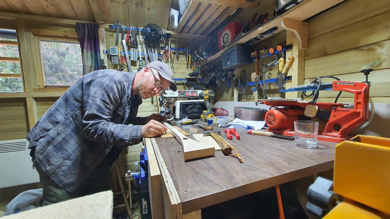 Peter making a strumstick in the workshop